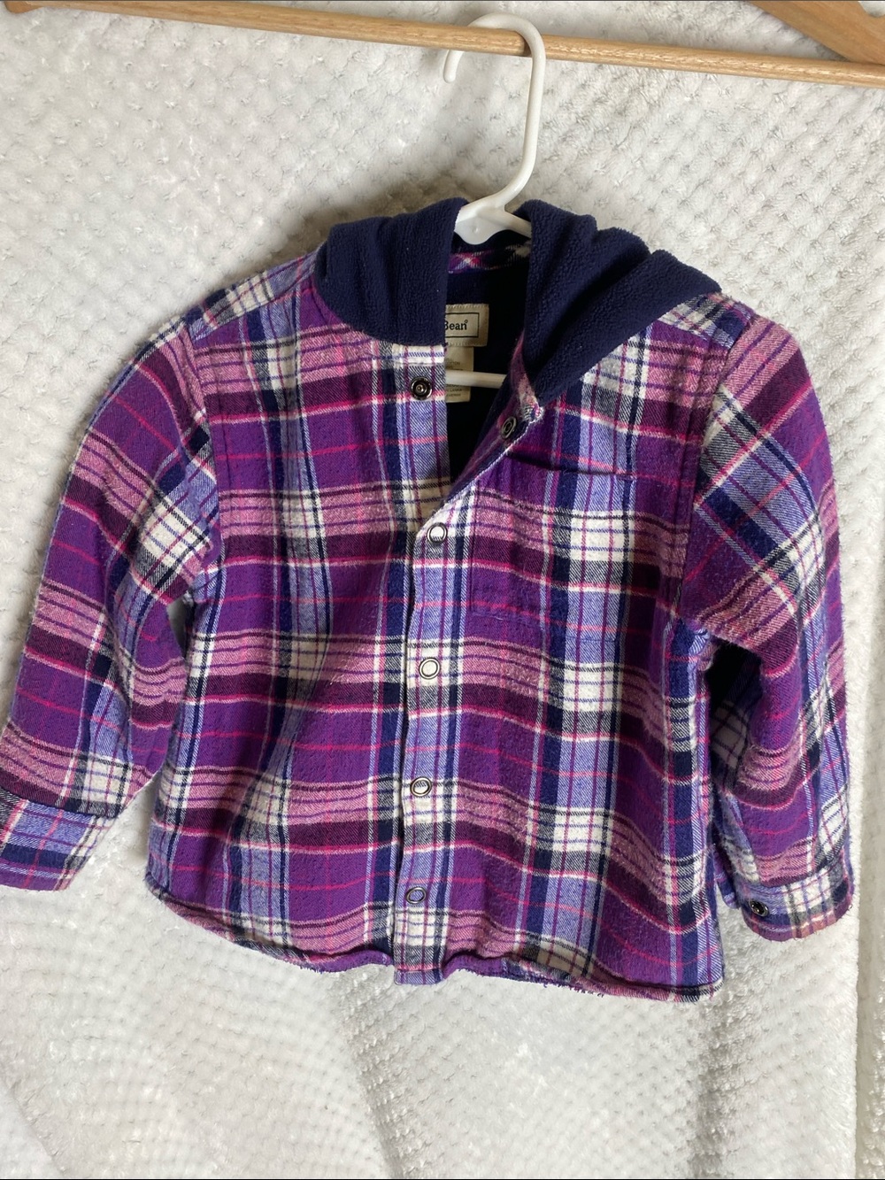 L.L. Bean Purple Plaid Fleece Lined Flannel Hooded Front Snap Shirt
